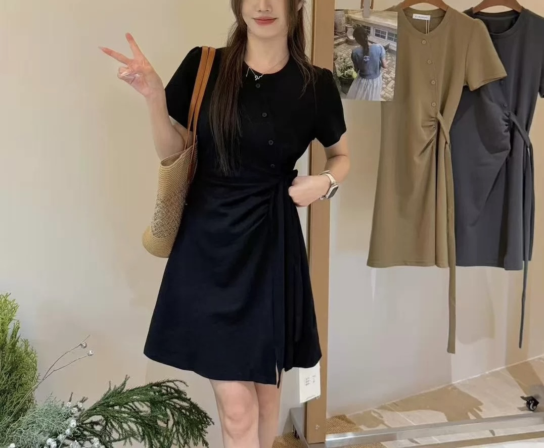 0506#夏新款小个子显瘦短袖女韩系休闲绑带收腰圆领短袖连衣裙