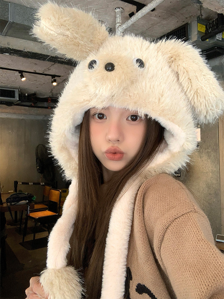可爱小狗毛绒帽女秋冬2025新款保暖防寒耳朵会动的帽子护耳雷锋帽