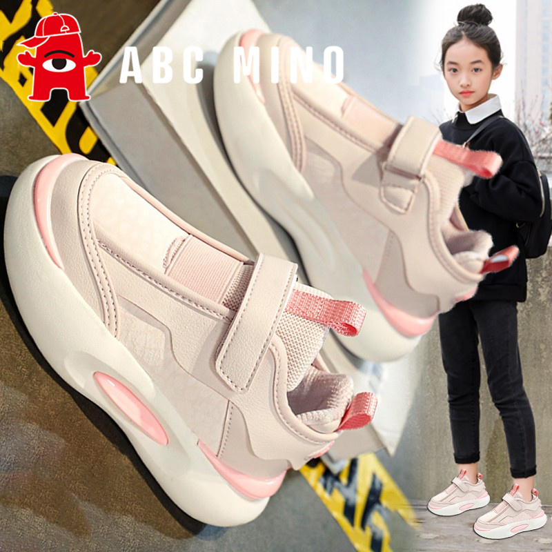 ABC MINO童鞋女童秋季儿童运动鞋皮面中大童魔术贴板鞋潮女孩冬季