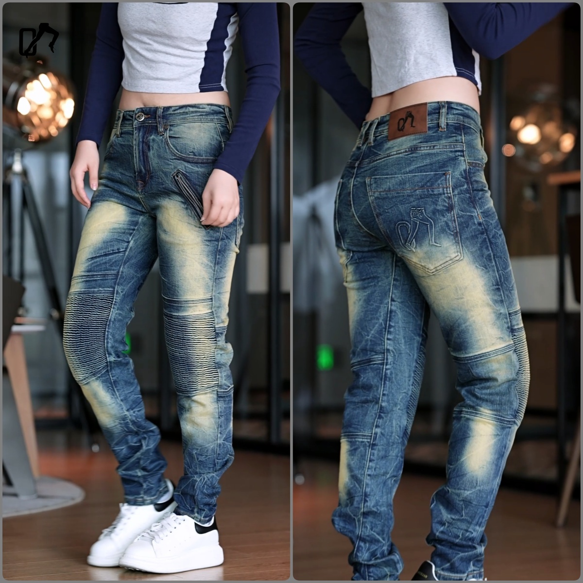 男士修身弹力小直筒牛仔长裤拼接打揽重工时尚韩版石磨潮牌机车裤