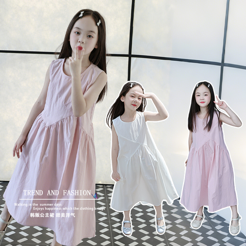 夏季女童薄款夏装背心裙宽松连衣裙白色中大童甜美无袖纯棉棉布裙