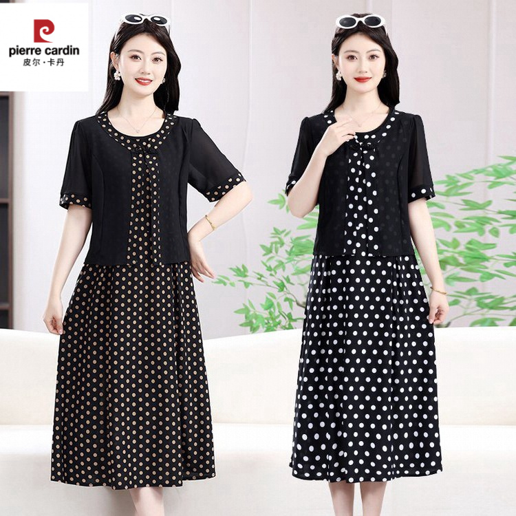 皮尔卡丹一件代发直2025夏季新款假两件洋气百搭气质减龄女装连衣