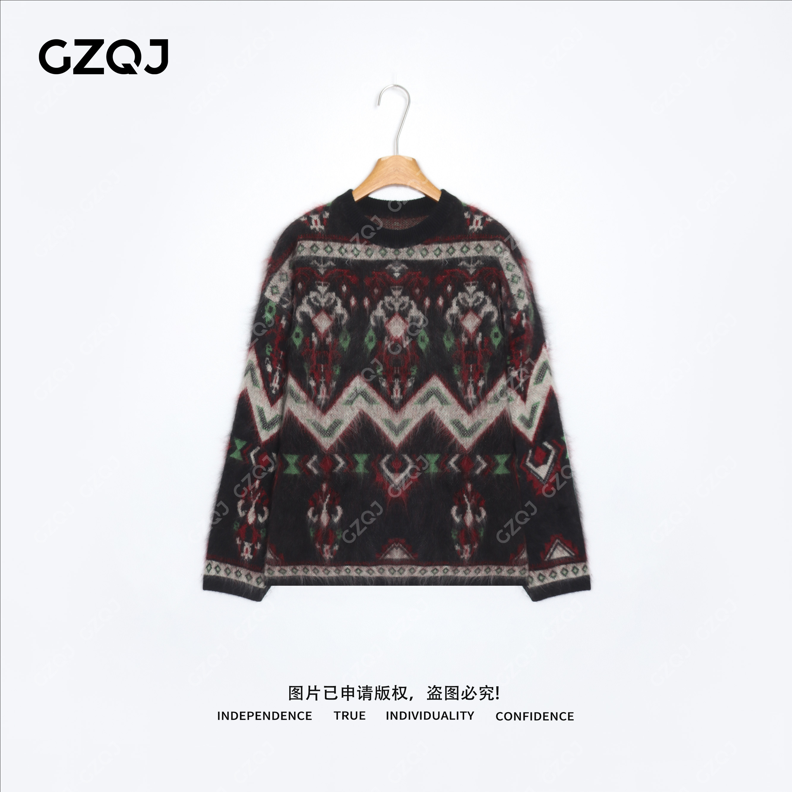 老琴私服【初雪轨迹】绵羊毛山羊绒时尚撞色拉毛毛衣女冬季新款7681