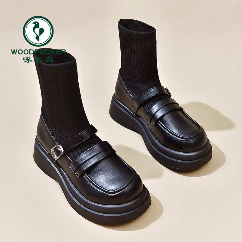 啄木鸟袜子马丁靴女英伦风厚底针织弹力袜靴加绒瘦瘦靴子时尚短靴