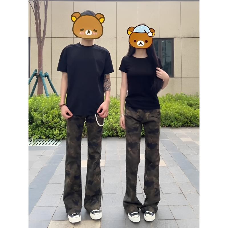 美式高街迷彩牛仔裤男秋冬季工装裤子宽松加绒加厚情侣直筒微喇裤