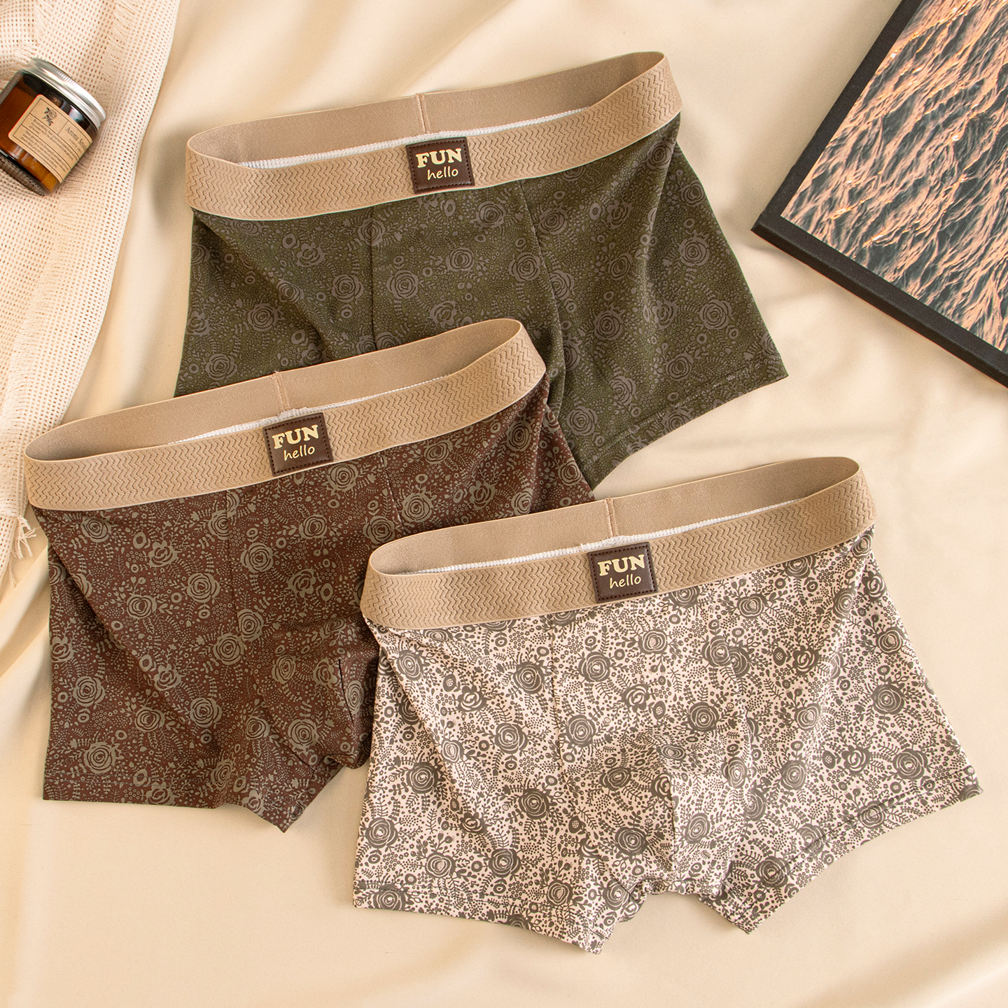 10A抑菌古典花印男士内裤棉质平角裤男生新款个性舒适透气平角裤