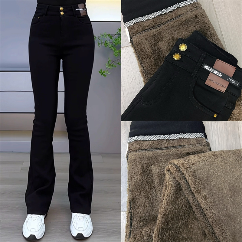 新款高腰口袋微喇显瘦北极绒休闲裤加绒秋冬休闲风保暖修身百搭