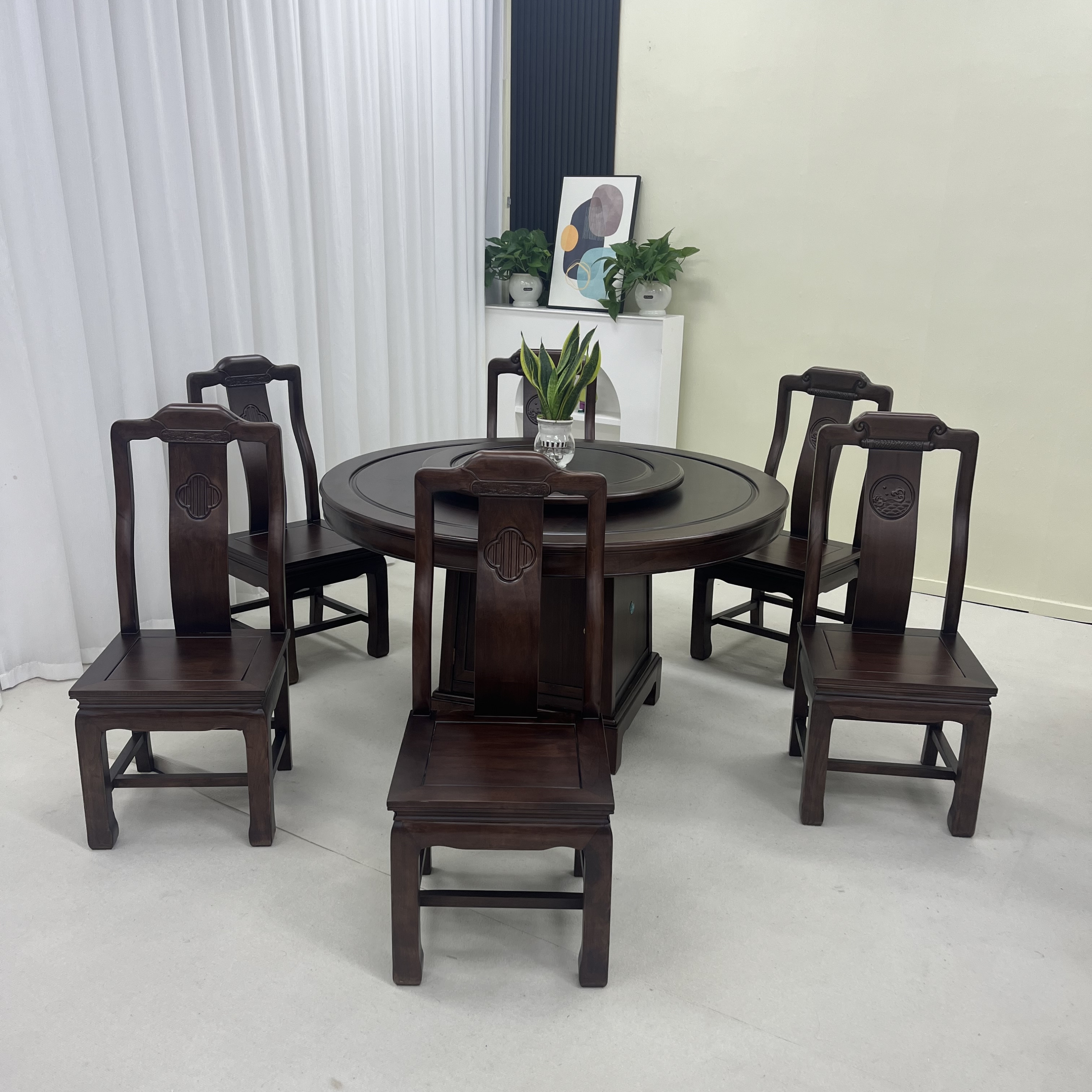 新中式全实木红木工艺家用餐桌椅雕花圆形圆桌餐厅高端大气火锅桌