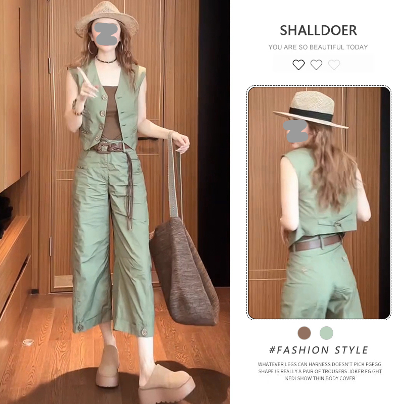 气质休闲时尚套装女夏季2025新款翻领薄款无袖上衣阔腿裤子两件套