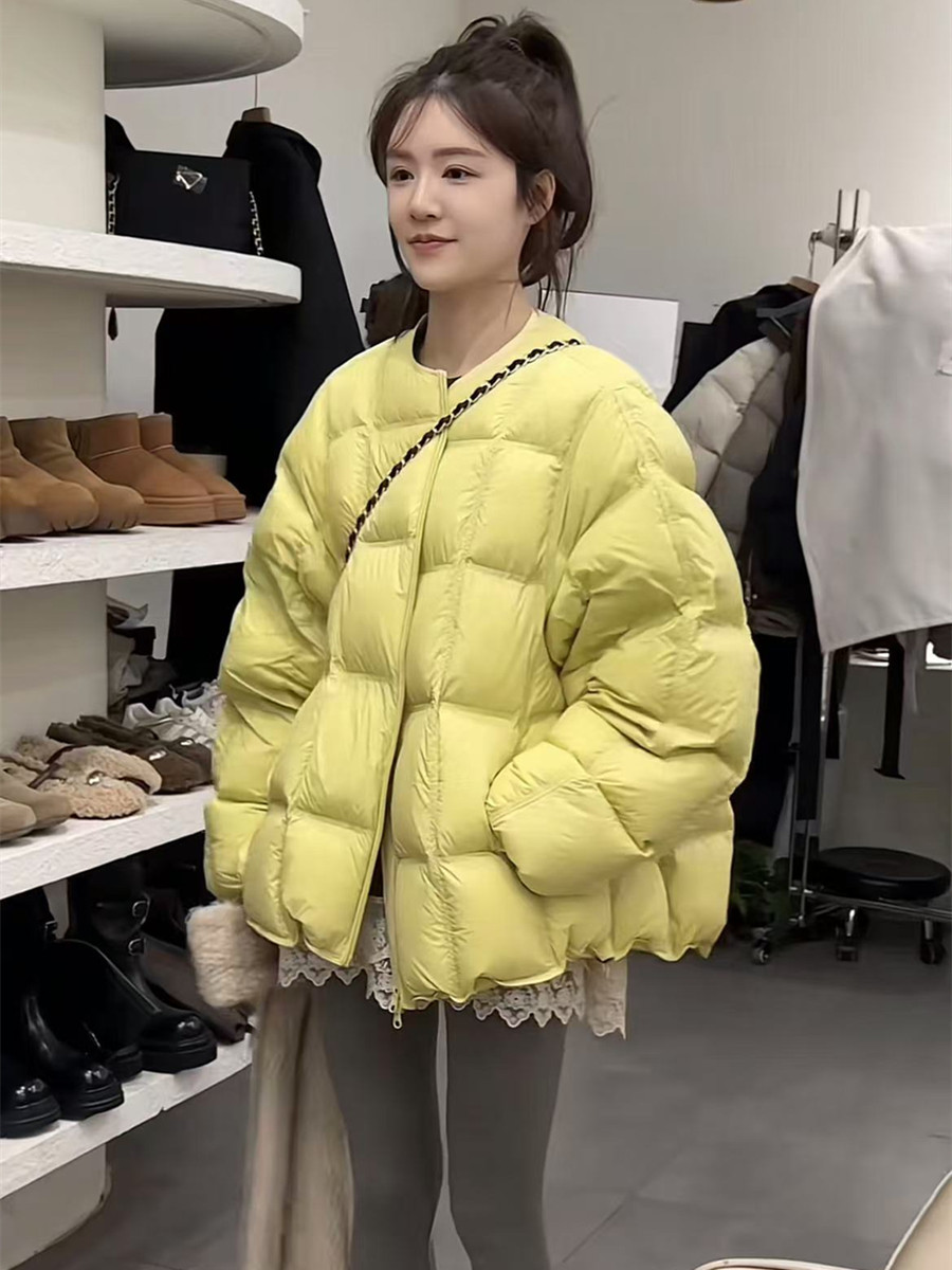 韩版时尚泡芙龟背小方格羽绒服女2025冬季新款宽松保暖短款面包服