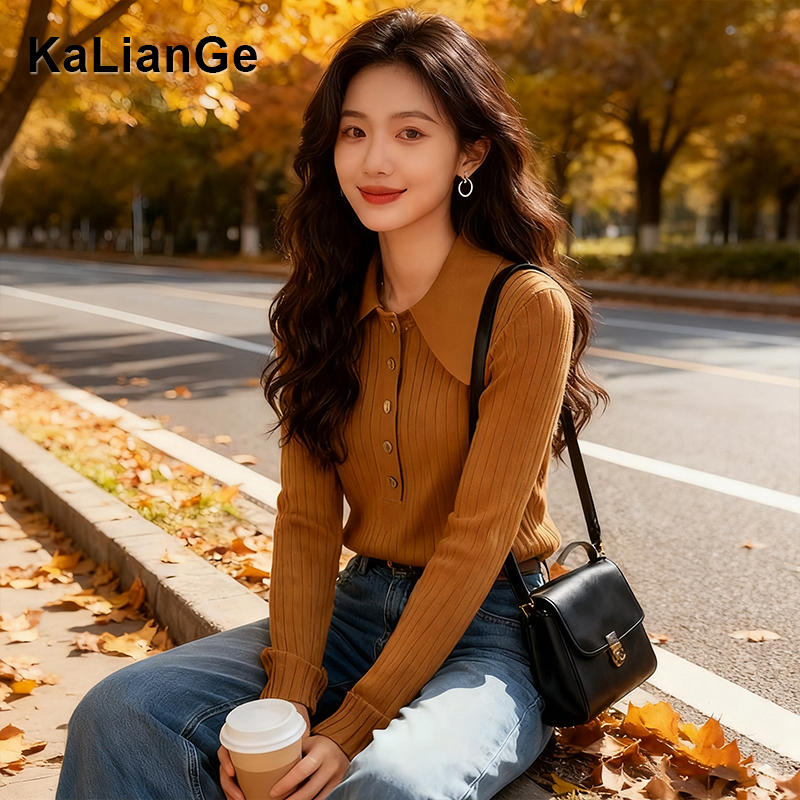 卡莲格/大码女装极简风半开领针织衫女秋季显瘦高级感打底衫上衣