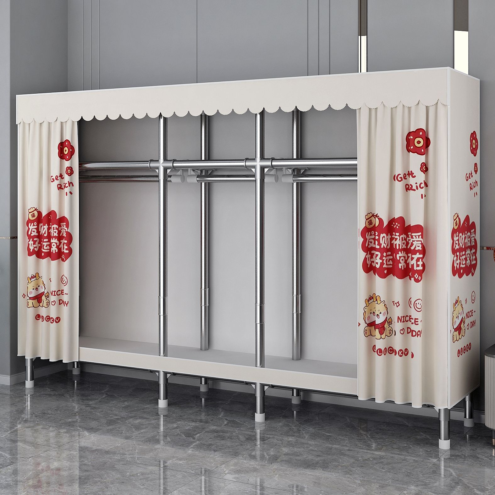 简易衣柜家用卧室组装布衣柜全钢架加粗加厚衣橱出租房专用衣服柜