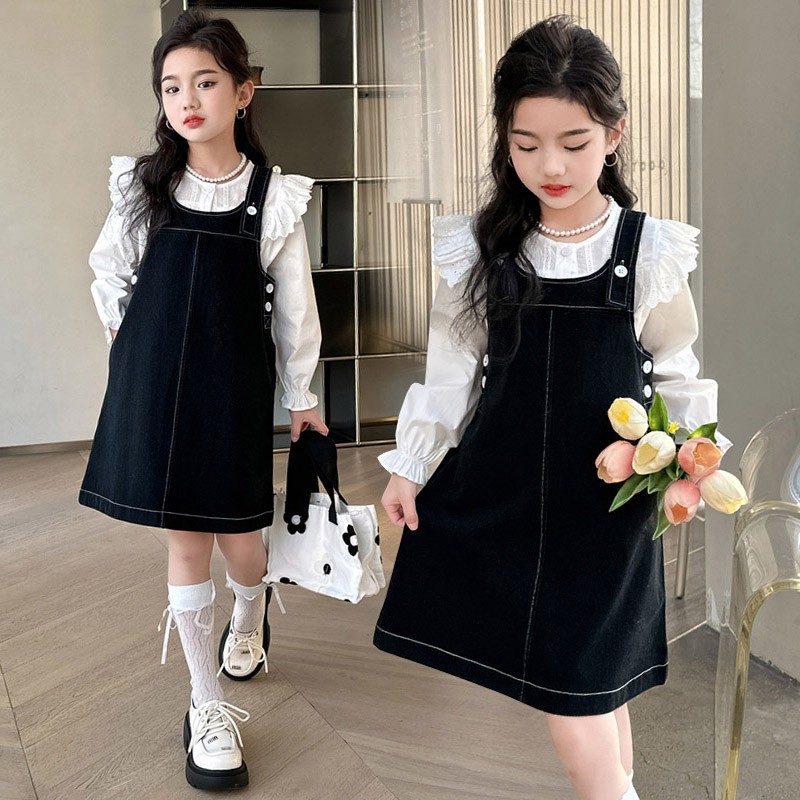 女童牛仔背带裙套装春秋款2025新款洋气时髦儿童女大童春装连衣裙