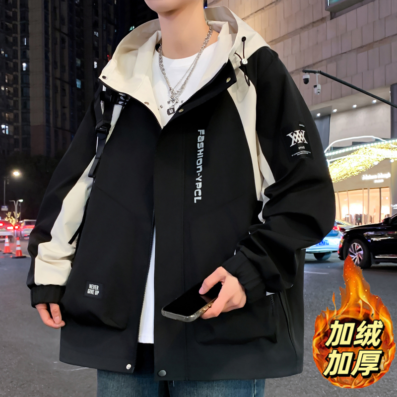 加绒加厚外套男款冬季学院风夹克加厚学生派克棉服青少年棉衣男装