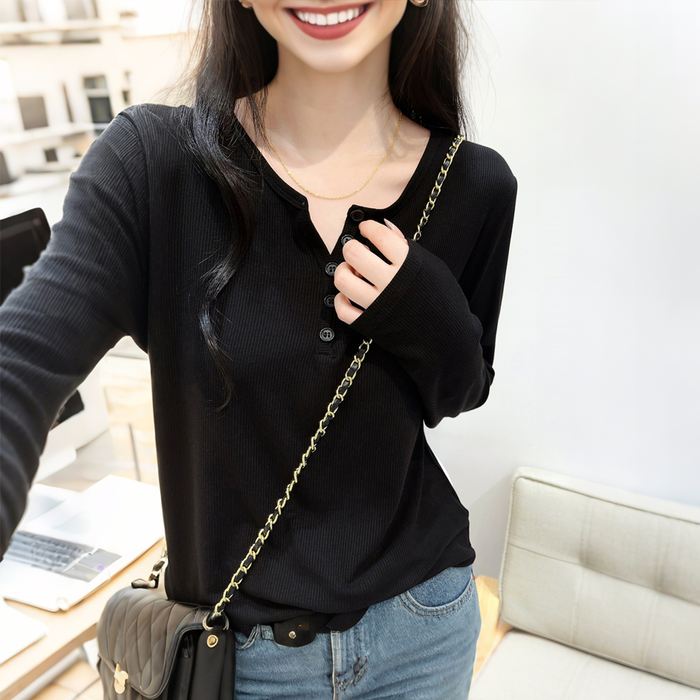 纯色螺纹半开领正肩长袖T恤女秋季修身显瘦休闲百搭洋气体恤上衣