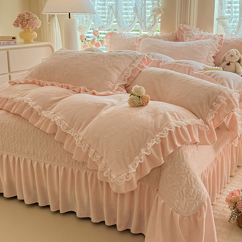 浪漫法式雕花加厚保暖双层花边被套牛奶绒四件套床盖款双面绒床裙