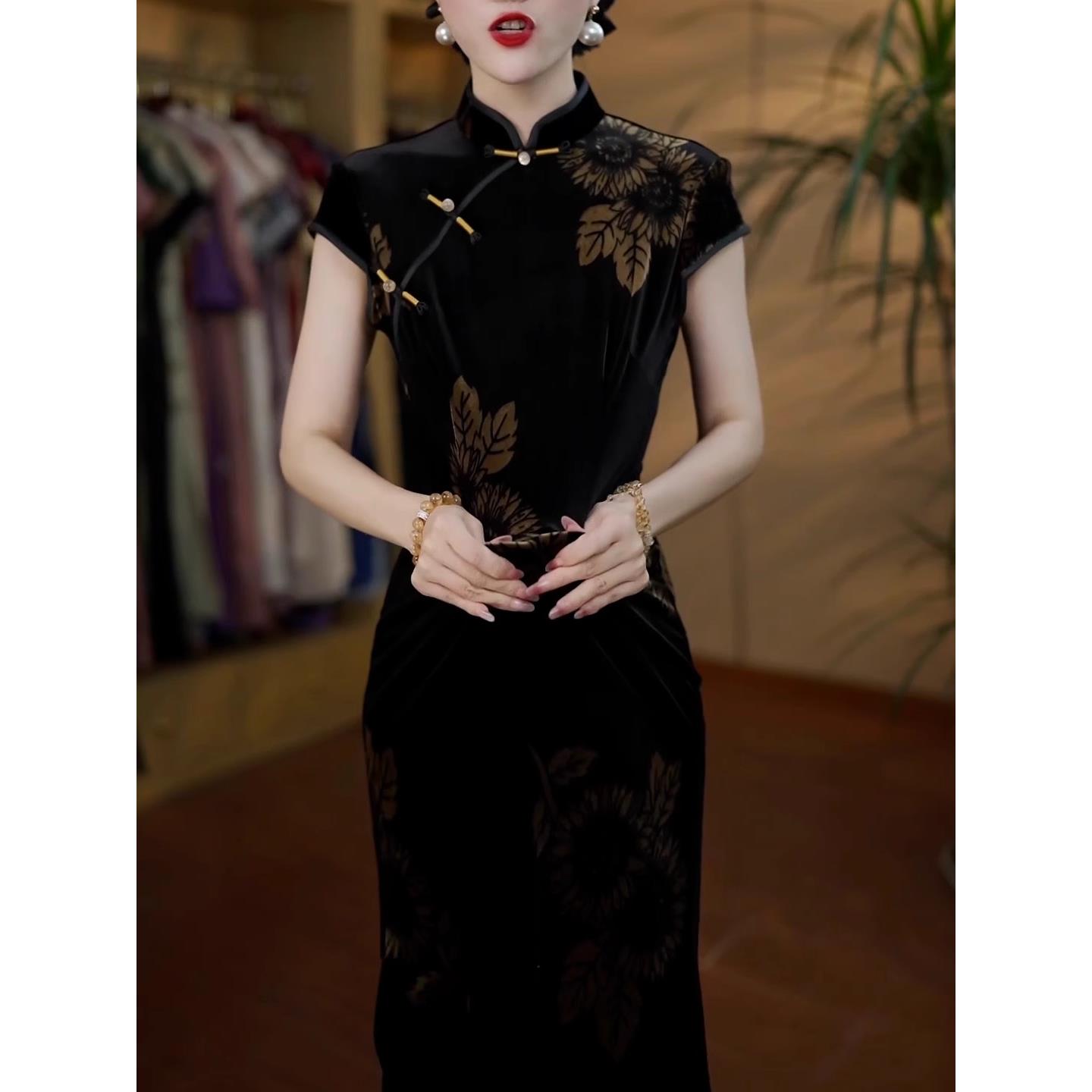 高端时尚中国风复古改良旗袍长裙女气质收腰显瘦老上海过膝连衣裙