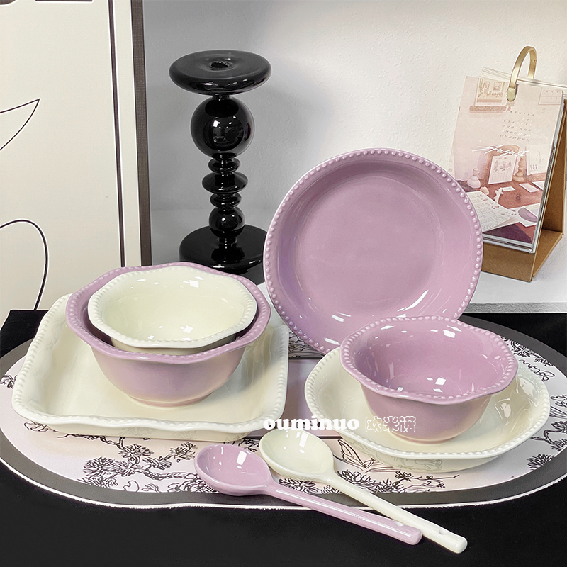 [法式珠点8件套]陶瓷釉下彩轻奢家用餐具套装盘碗组合装