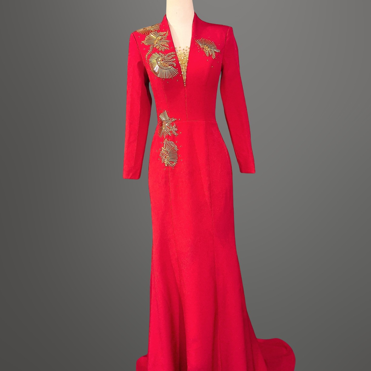 L红色V领手工鱼尾主持宴会优雅大气礼服裙女士