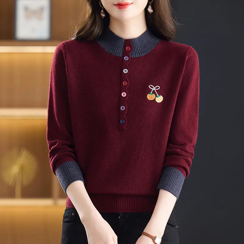 南瓜刺绣加厚刺绣针织秋冬洋气显瘦女毛衣长袖上衣半高领内搭外穿