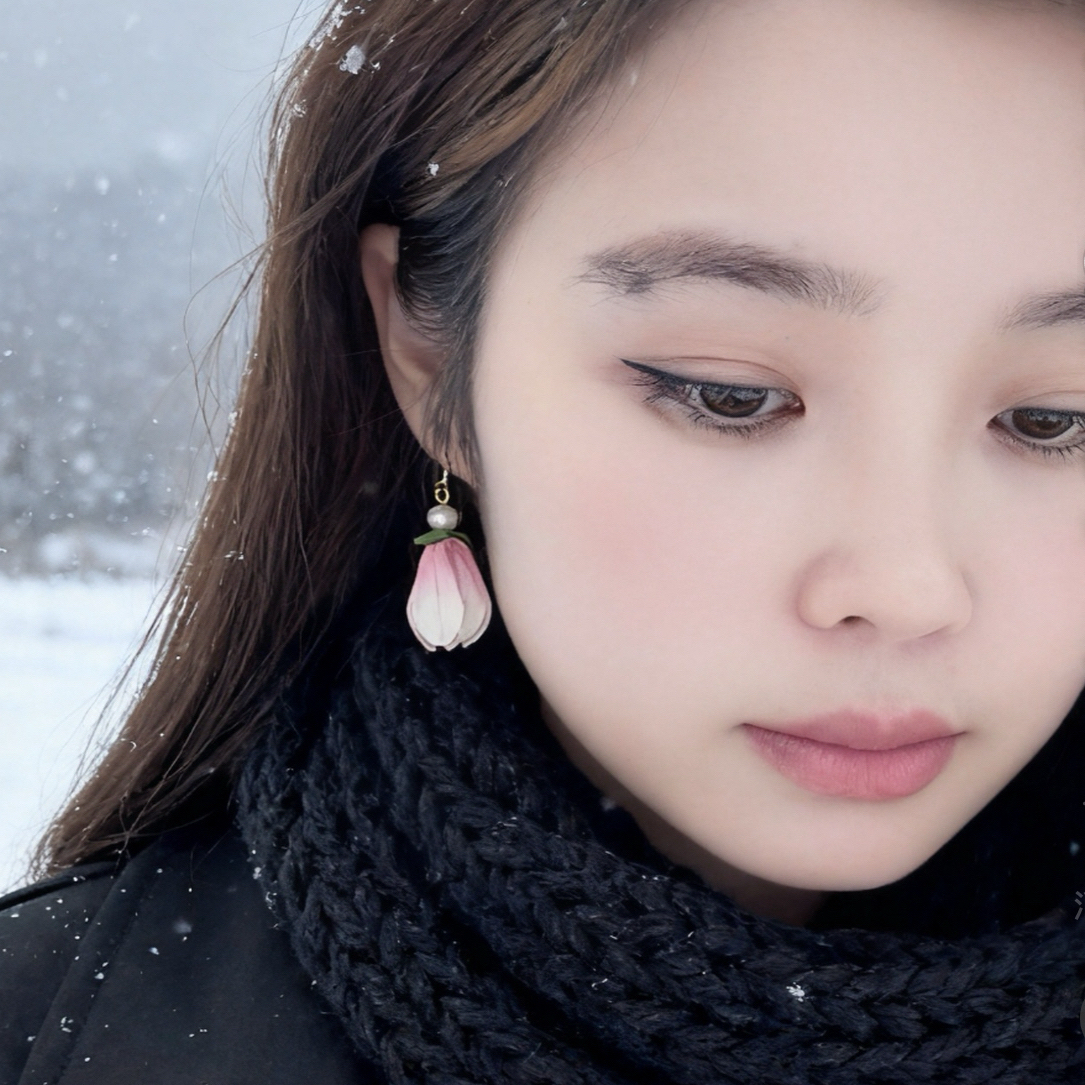 925银布艺耳饰 微钩手工成品玉兰花耳饰拼色粉红女红色紫色银色