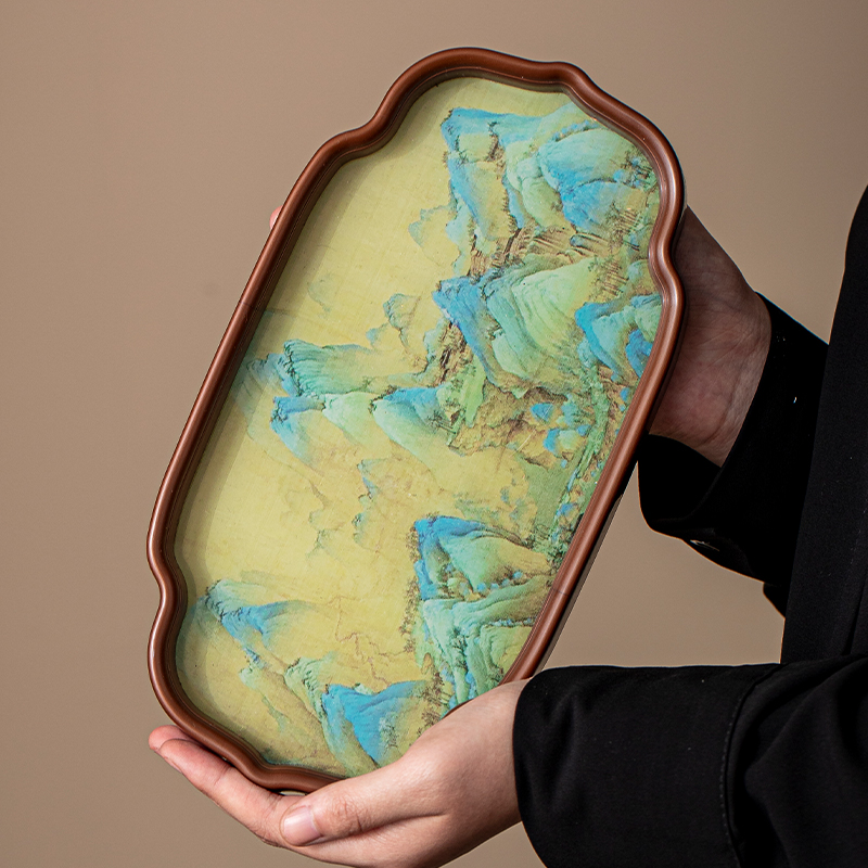 茶托盘茶盘茶点水果盘家用玻璃小型茶具干泡台千里江山长方形茶盘