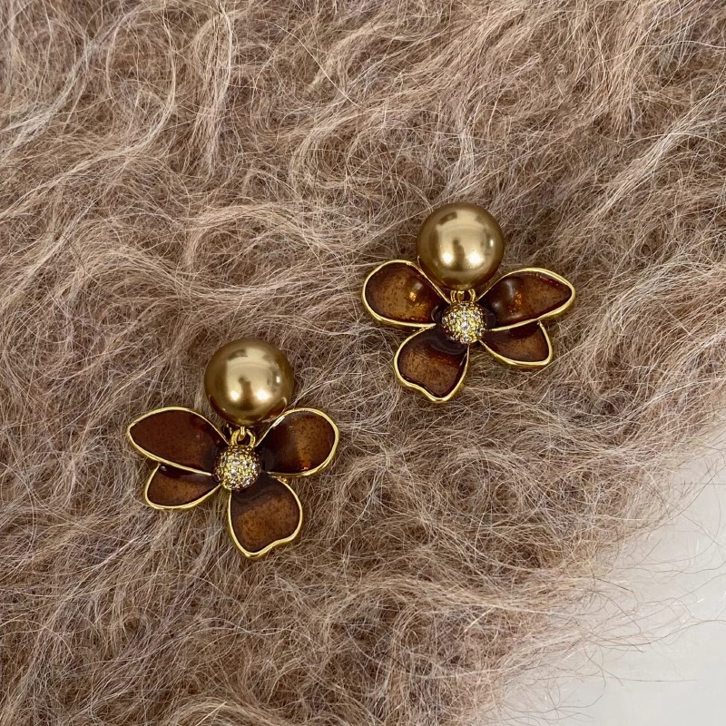 铜合金耳饰 美拉德复古咖色花朵耳钉小众高级感耳环2025新款耳饰