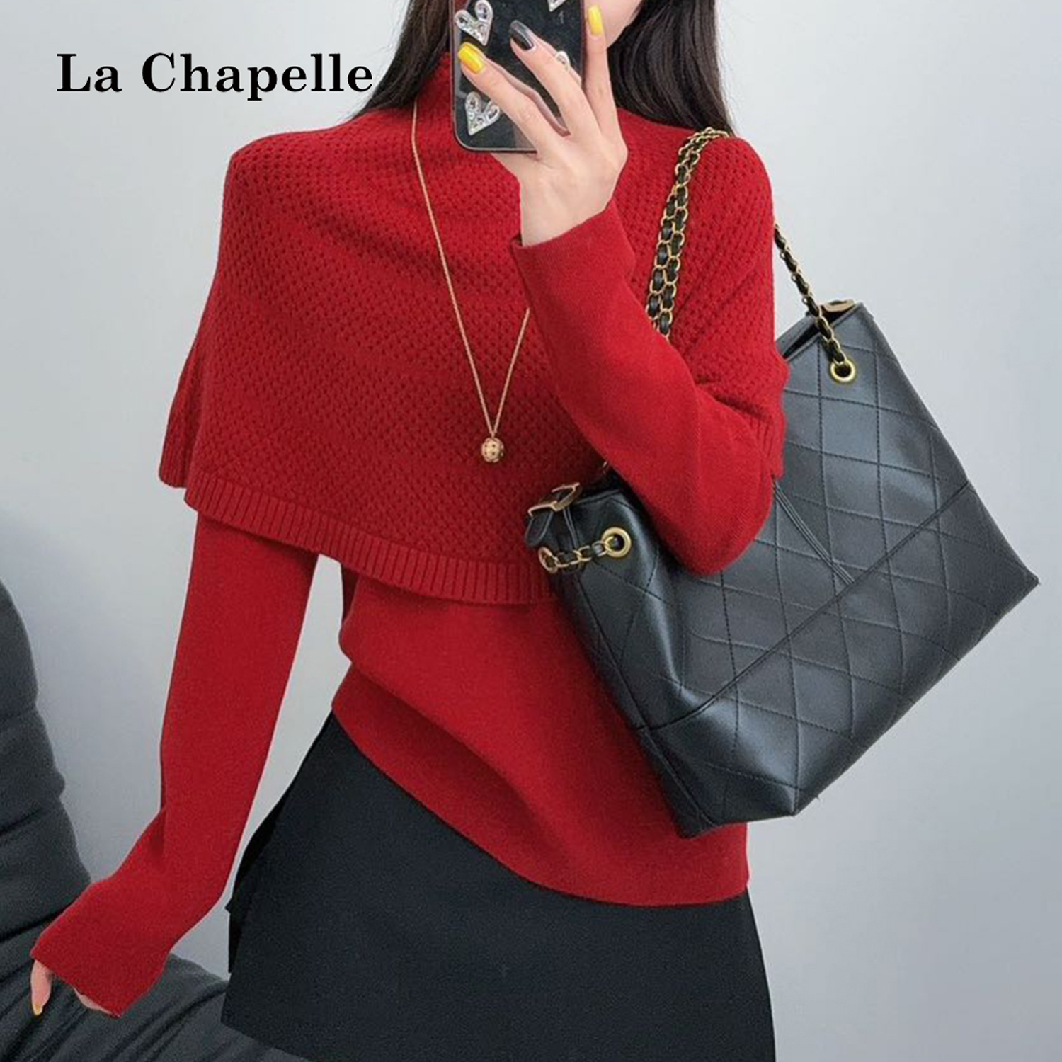 拉夏贝尔法式高领披肩长袖针织衫女秋冬新款假两件显瘦气质毛衣潮
