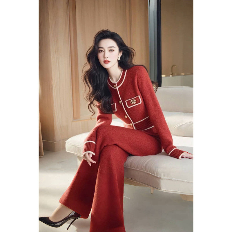 2024冬季本命年红色针织套装高级感名媛气质小香风毛衣裤子两件套