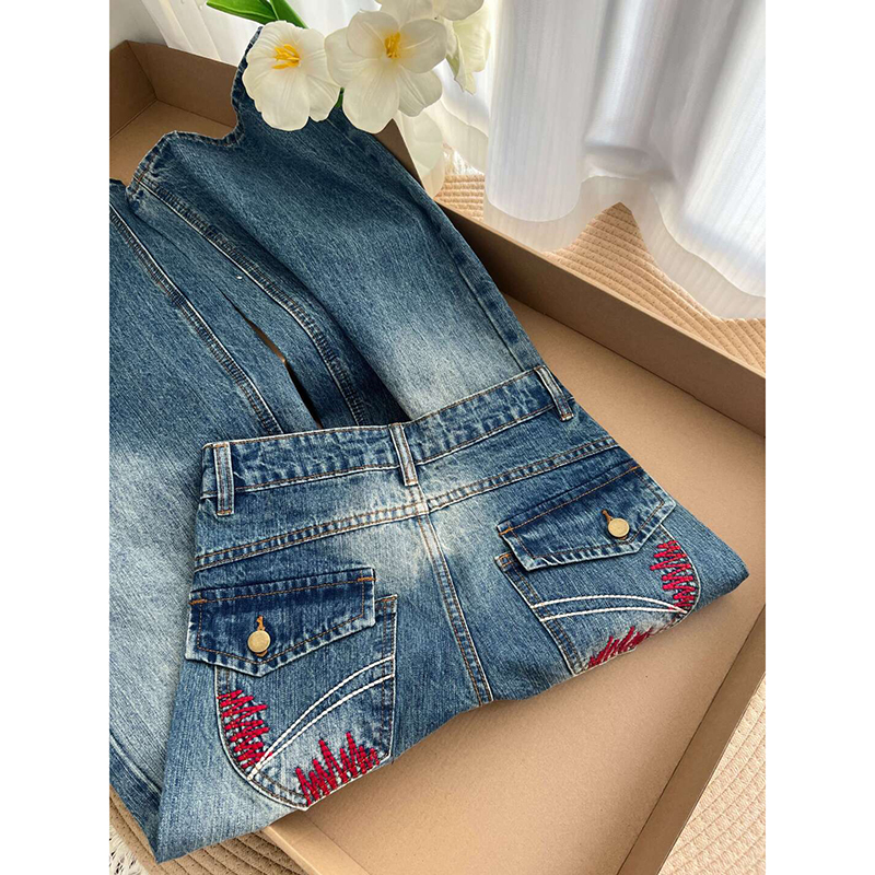 美式复古烫钉烫钻重工水洗牛仔裤女秋季新款宽松显瘦阔腿拖地裤子