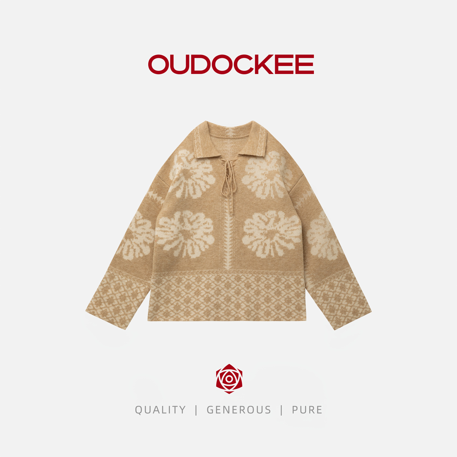 OUDOCKEE 鸥鸥【绵羊毛】浅驼色花朵针织百搭羊毛衫 M2503G445T