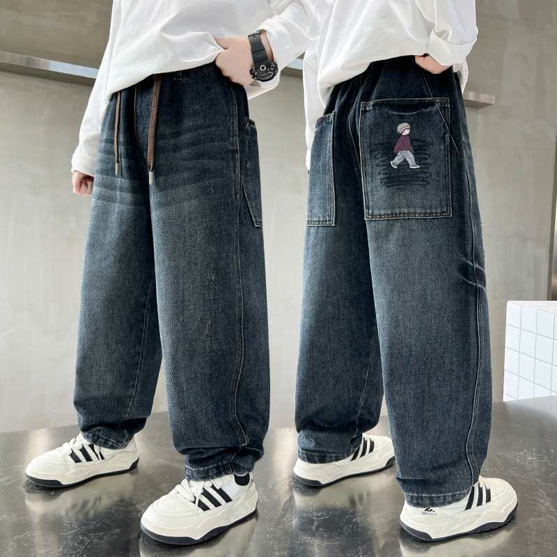 男童裤子春秋新款直筒男孩儿童长裤休闲中大童牛仔裤直筒软韩版潮