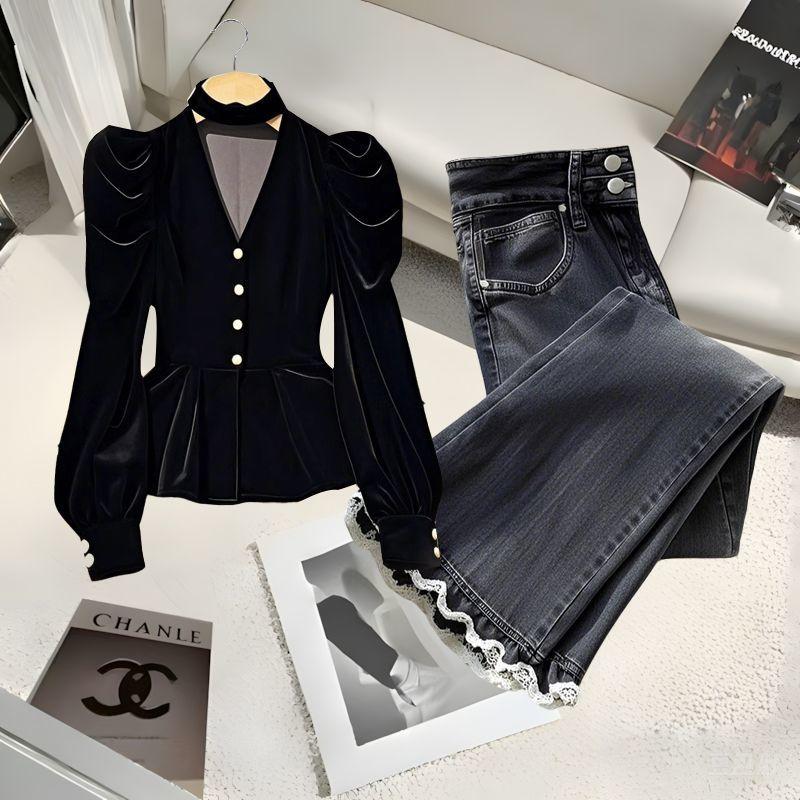 2025春秋时尚法式V领丝绒衬衫小众高级感蕾丝边休闲阔腿裤两件套