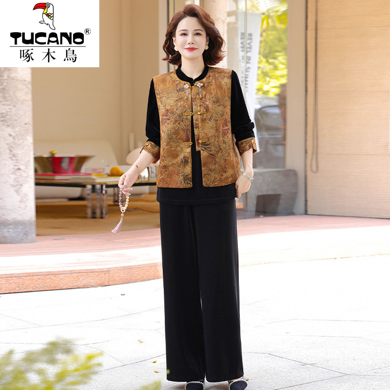 啄木鳥妈妈装秋冬季新中式国风三件套洋气国风中年修身显瘦大码百