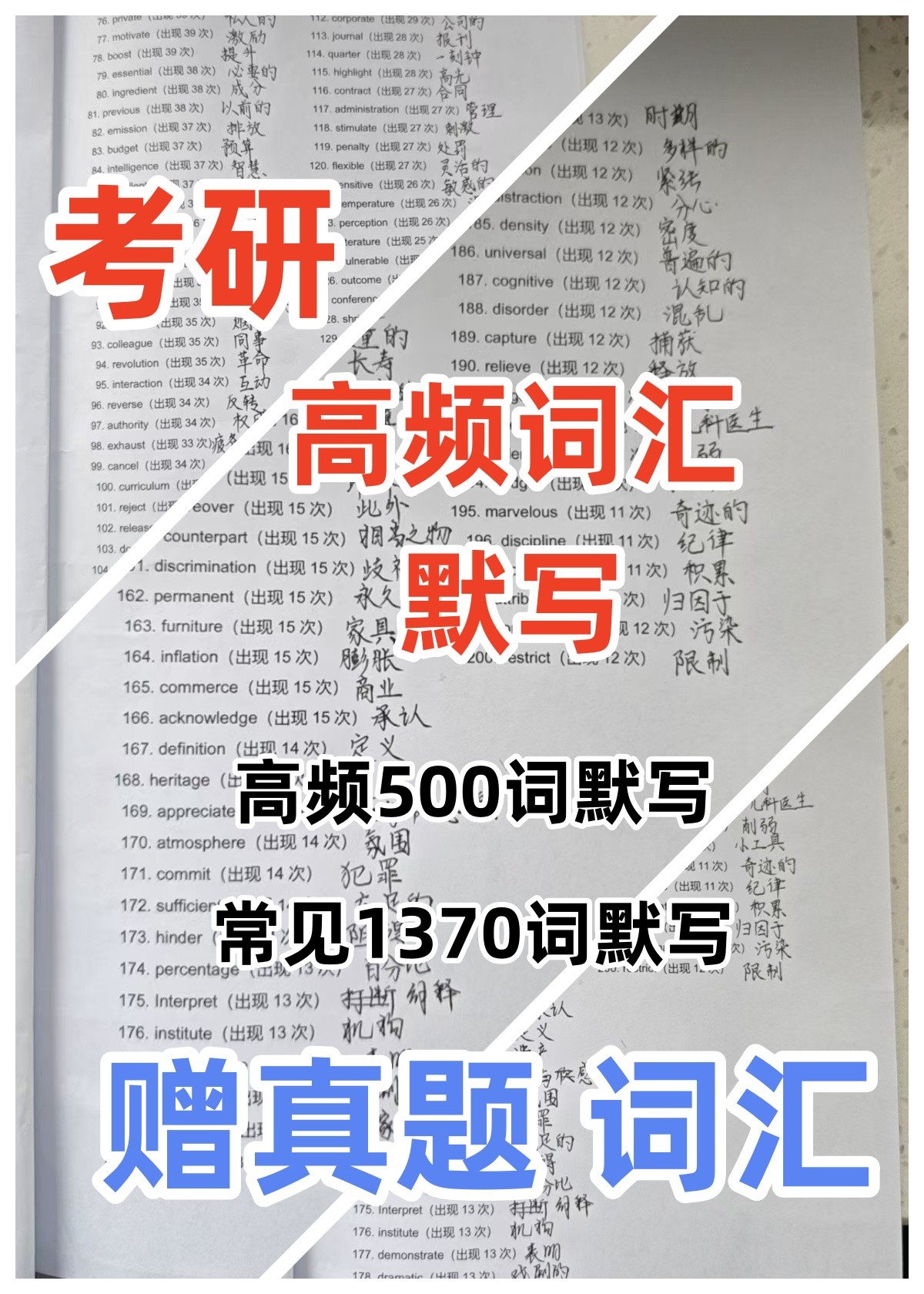 （陌止款）考研英语一二真题500高频词1370常见词汇默写同义词替换