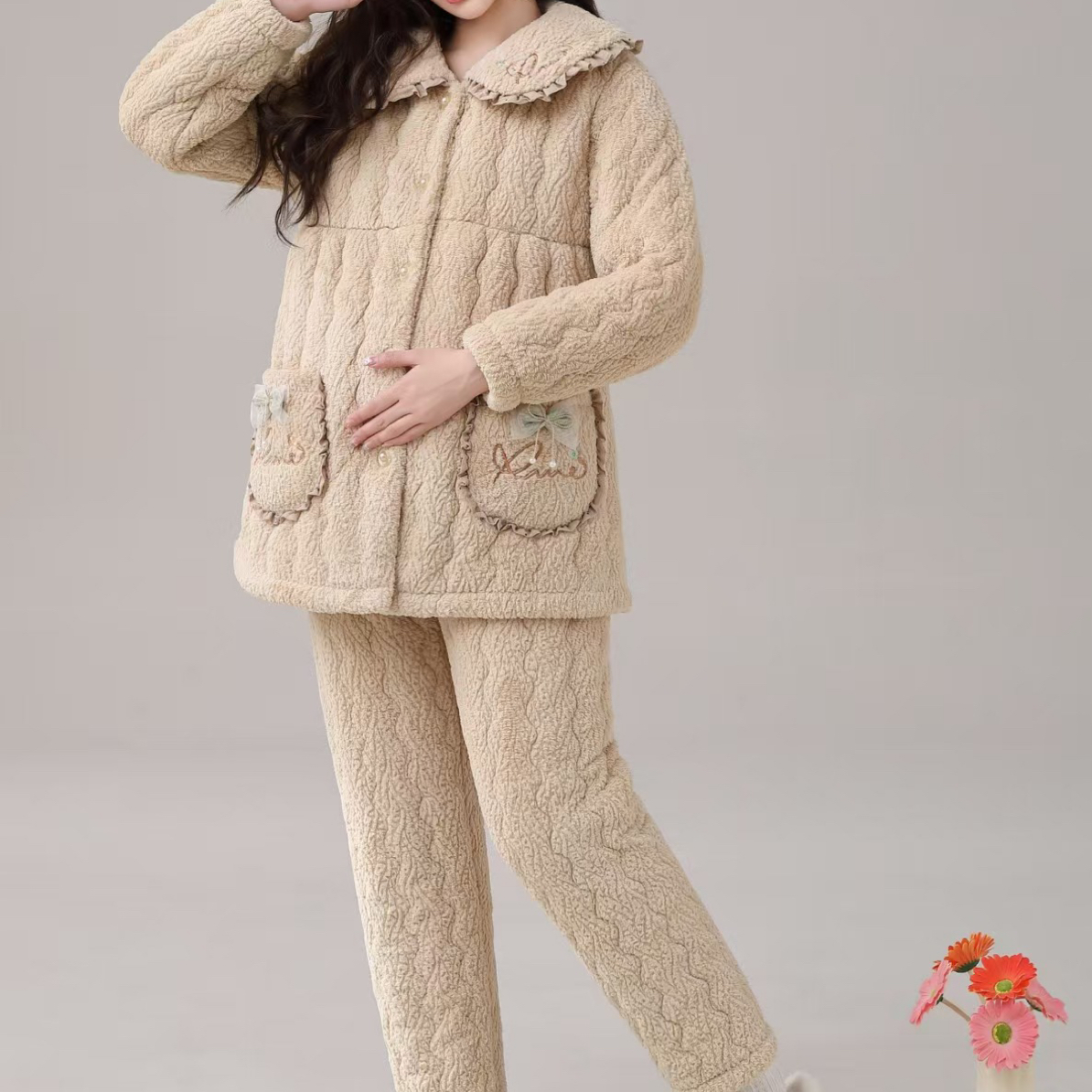 3169冬季三层加绒加厚孕妇可外穿睡衣家居服套装