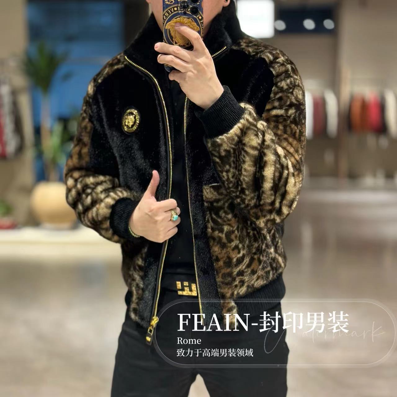 高端定制毛绒豹纹拼接超保暖立领夹克外套5170