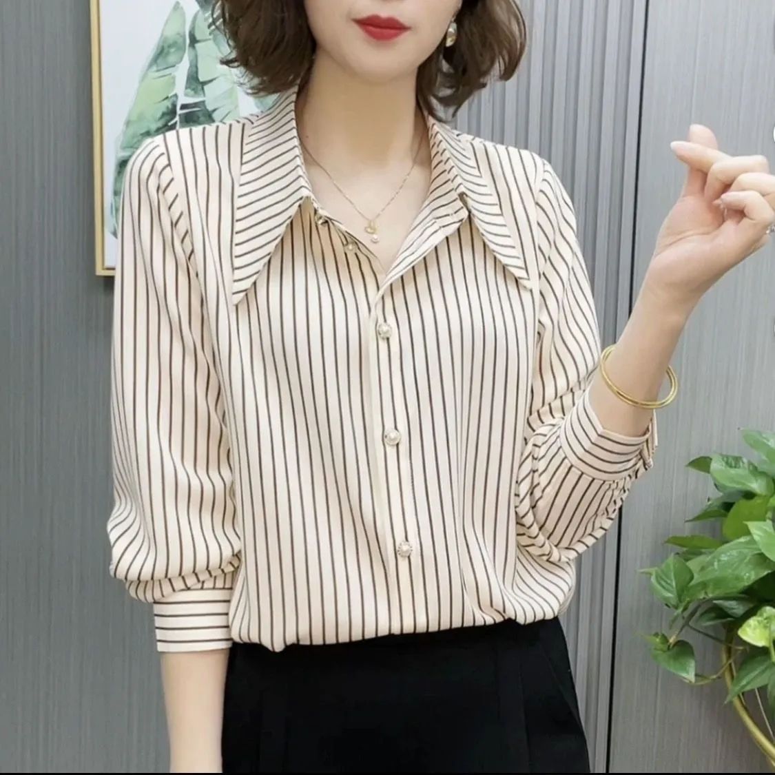 AZ新款时尚条纹女士长袖衬衫百搭显瘦春夏衬衫韩版长袖衬衣女装带