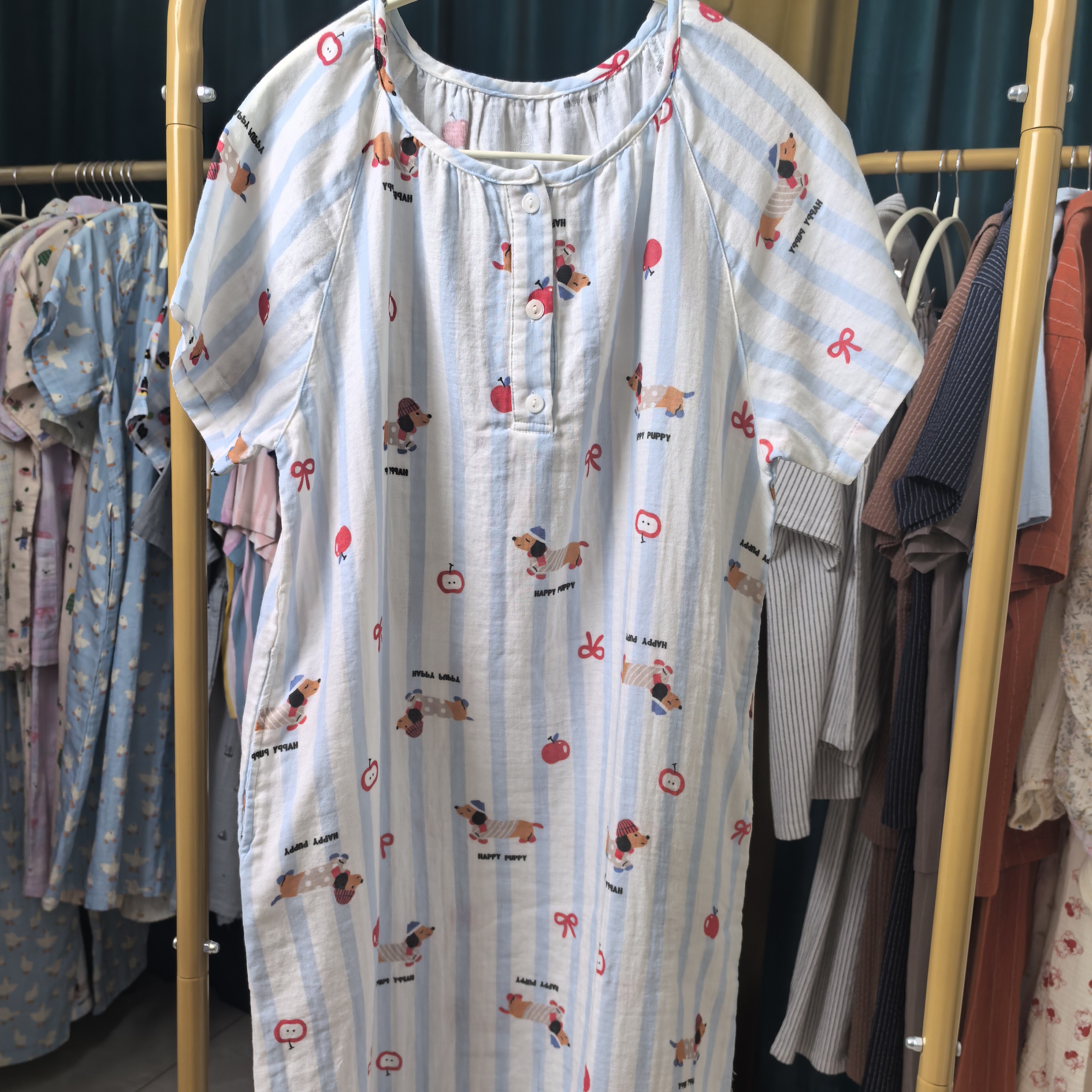 时尚夏季纯棉薄款纱布短袖中长款睡裙舒适家居服白色连衣裙宽松