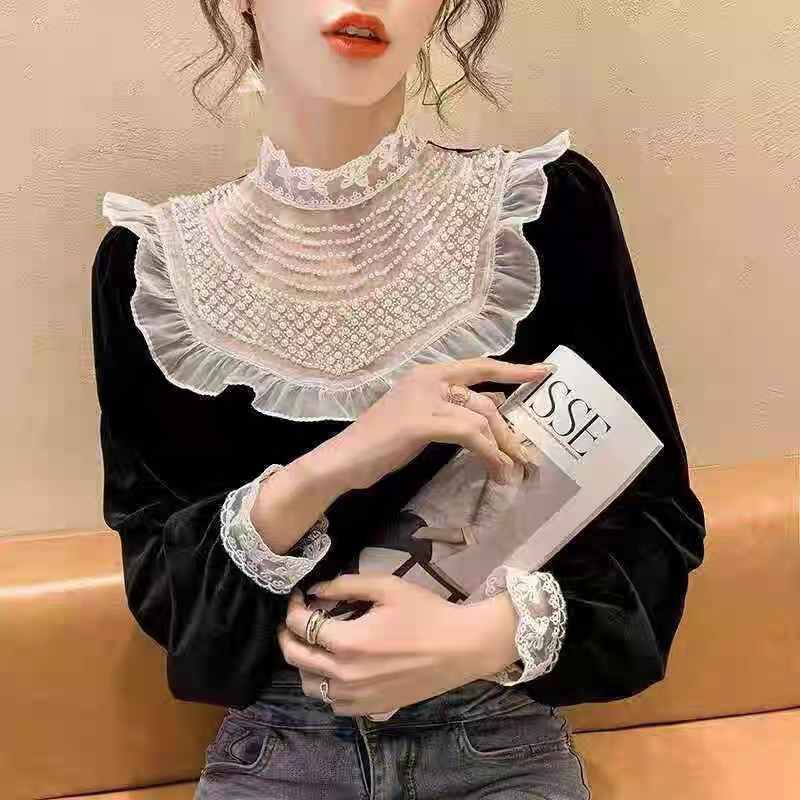 大码爆款丝绒打底珍珠蕾丝长袖秋季新款法式秋季拼接气质高级上衣