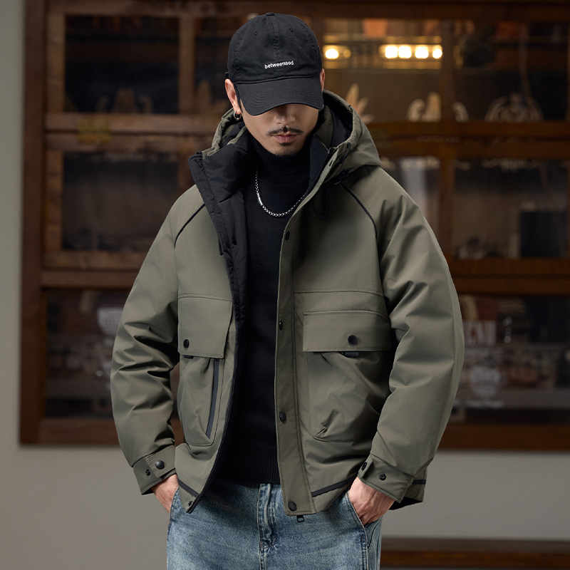 美式工装羽绒服男款冬季加厚2025新款男士短款宽松连帽冲锋衣袄子