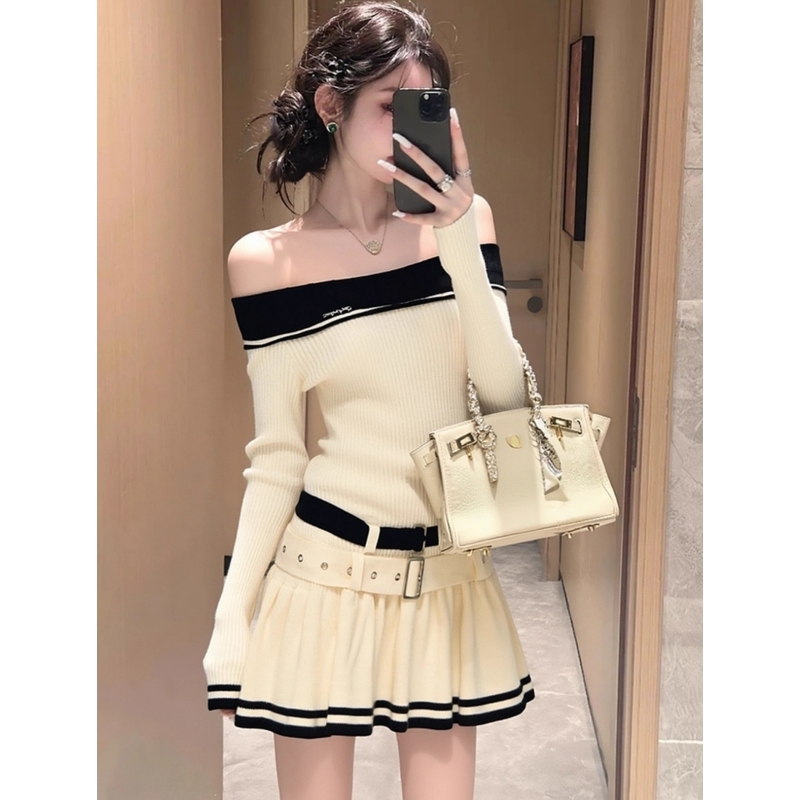 法式一字肩针织连衣裙女2025新款秋季高级感气质收腰显瘦包臀短裙