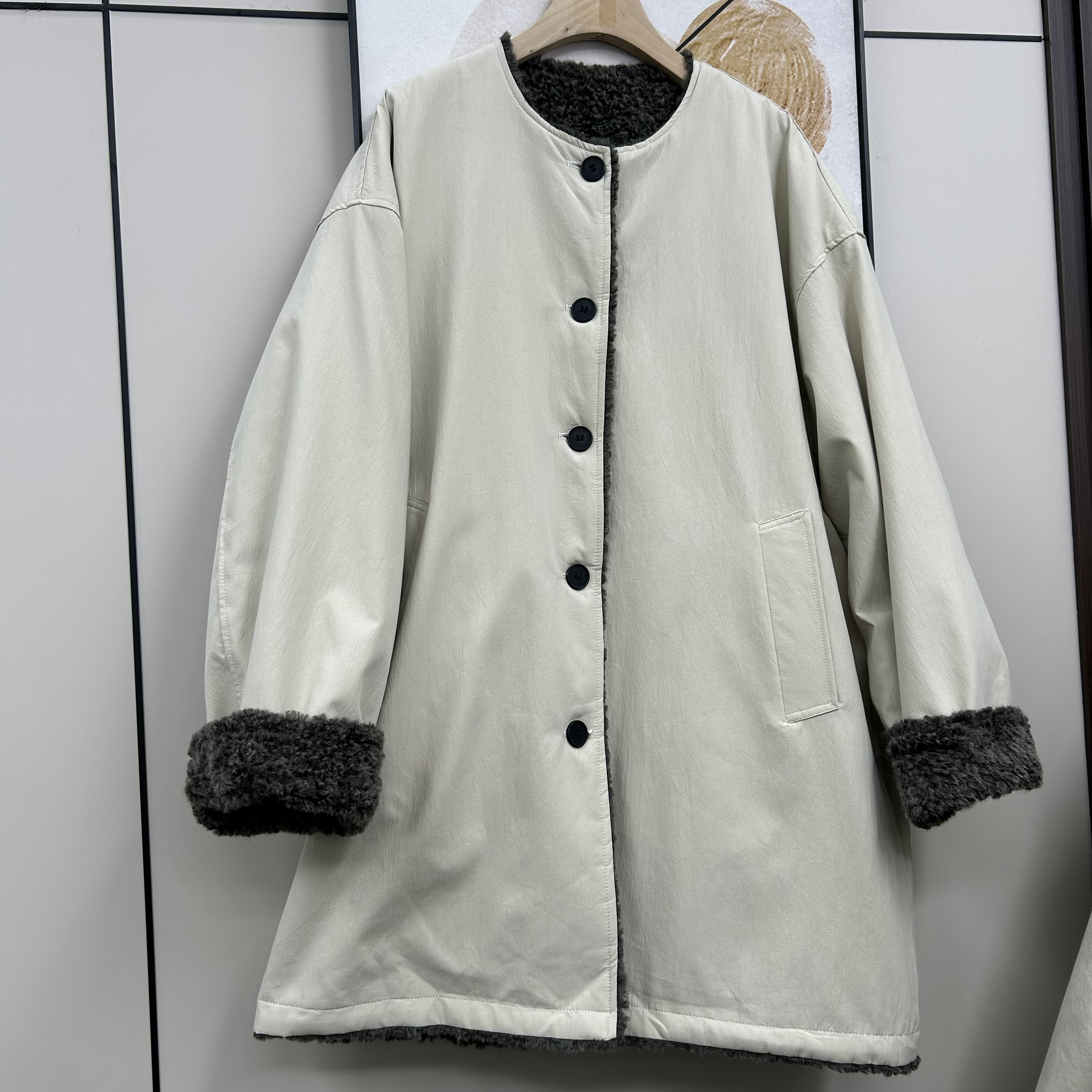 女装双面穿宽松型韩版纯色复古单排洋气中长款外套上衣