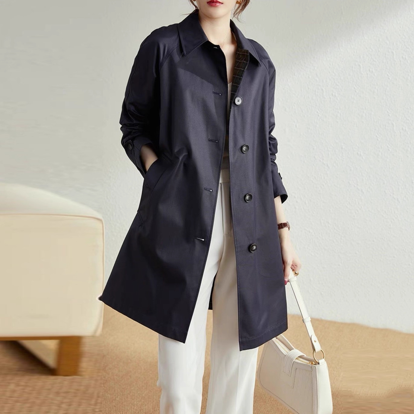 哥弟阿玛施正品藏青色外套女款爆款2025新款春秋季休闲中长款风衣