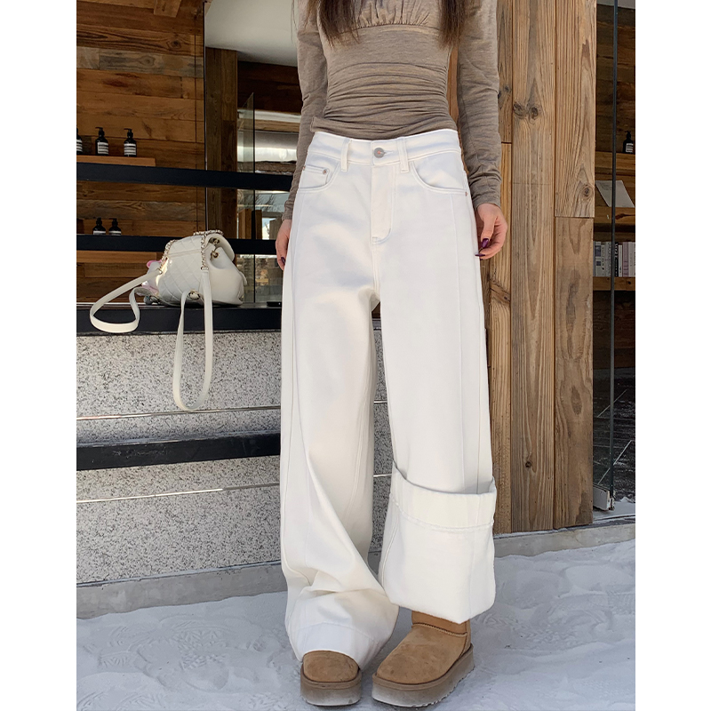橘子树在哪儿韩系白色加绒牛仔裤女冬季保暖松弛感遮肉直筒拖地裤
