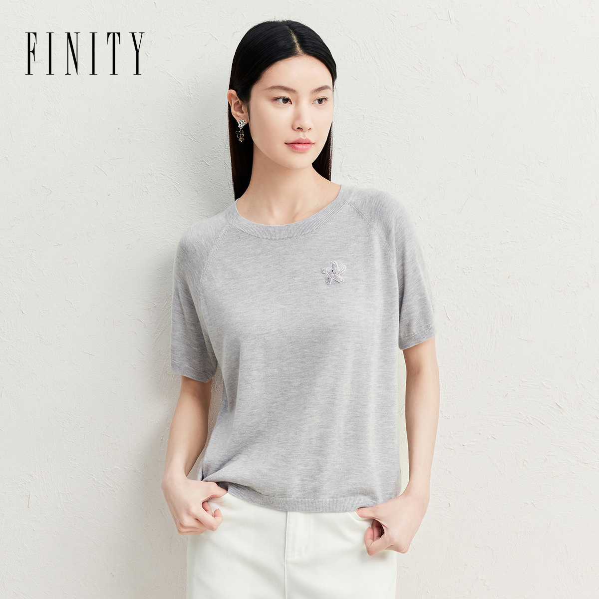 FINITY菲妮迪新款针织衫时尚休闲百搭夏季简约宽松圆领修身纯色