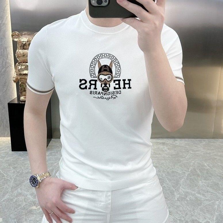 2025欧货轻奢男士针织冰丝短袖T恤时尚百搭夏季半袖条纹上衣25318