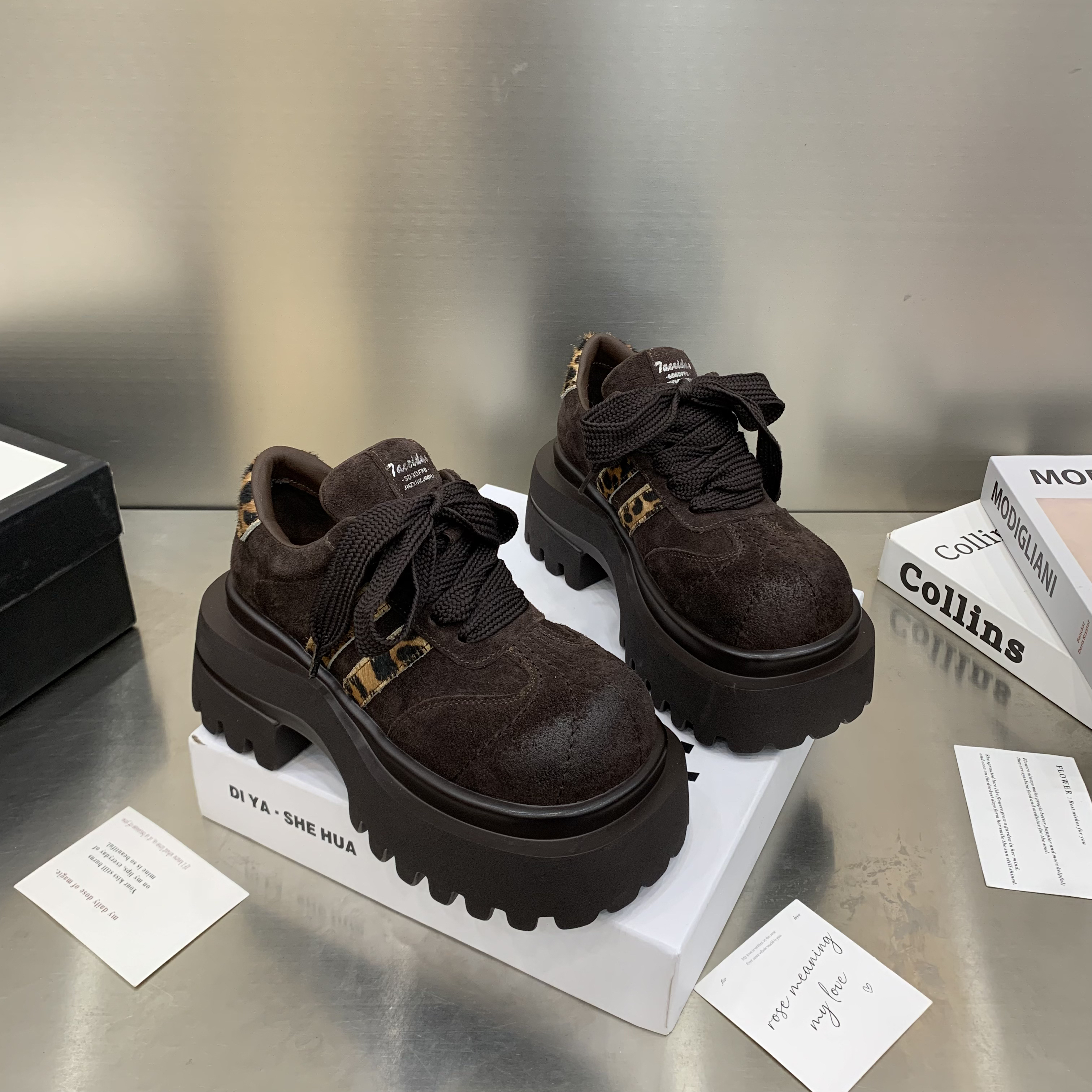 7cm磨砂真皮大头系带松糕厚底小皮鞋女复古乐福鞋加绒鞋