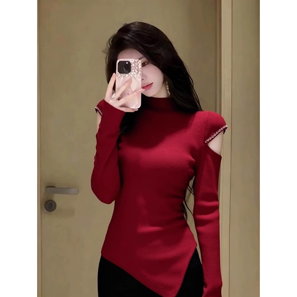 红色复古镂空半高领针织衫女秋冬纯欲风设计感小众修身内搭上衣厚