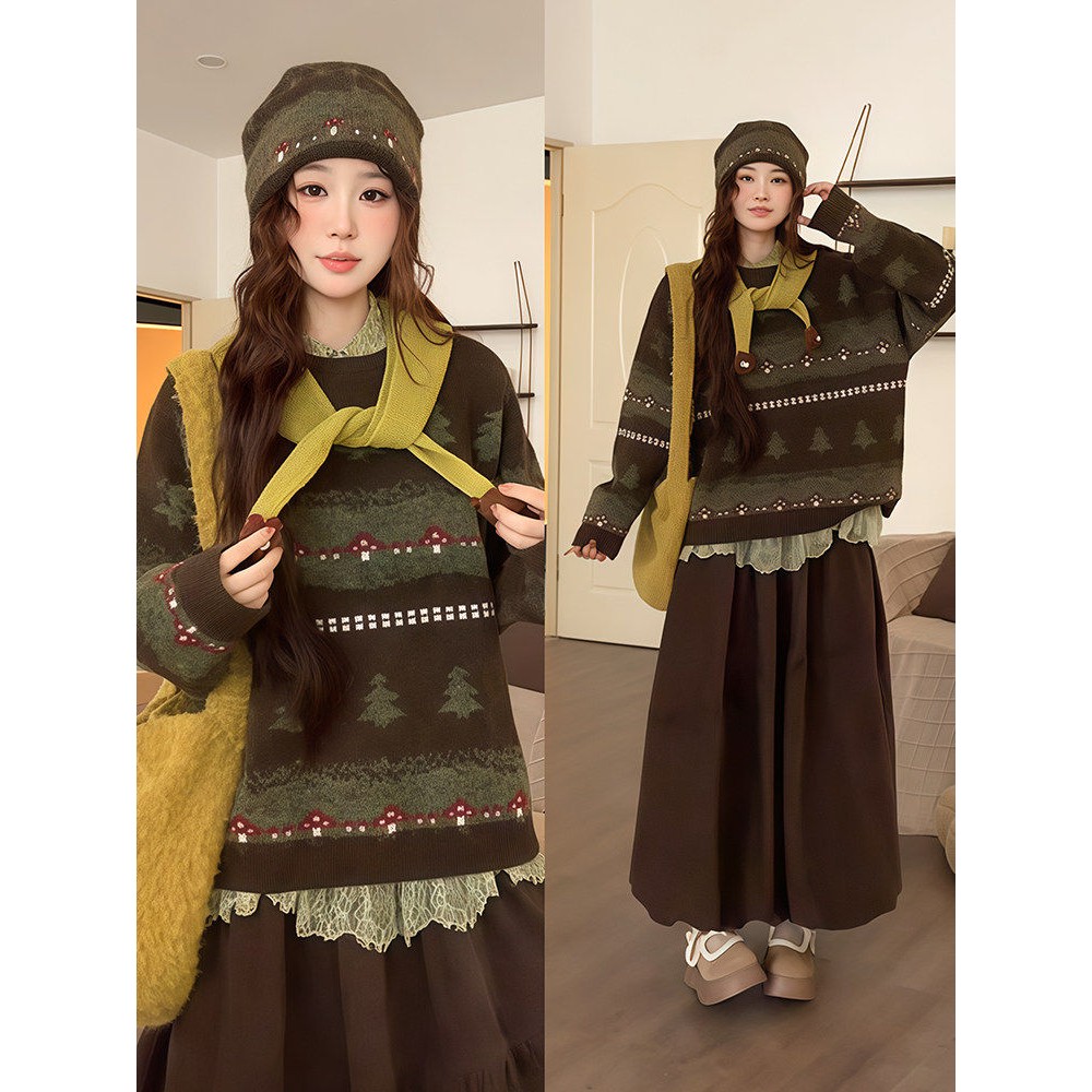 复古风圣诞树设计毛衣秋冬氛围感蕾丝衫A字半身裙时尚套装